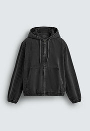 Stripe Textured Denim Hoodie Jacket - Black