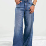 Wide Leg Pleated Jeans - Mid Blue