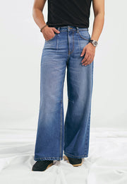 Wide Leg Pleated Jeans - Mid Blue
