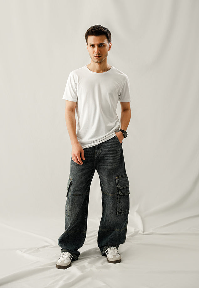 Baggy Cargo Mid Seam Jeans - Dark Blue Tint