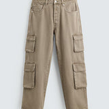 Hi-Rise Straight Fit Cargo Jeans - Sand Wash