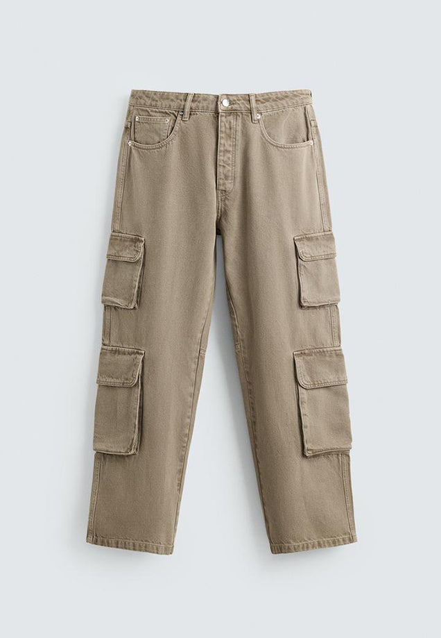 Hi-Rise Straight Fit Cargo Jeans - Sand Wash