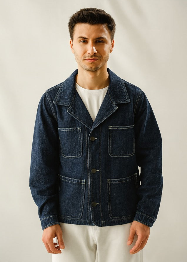 Denim Jacket With Contrast Thread - Wrinkle Wash