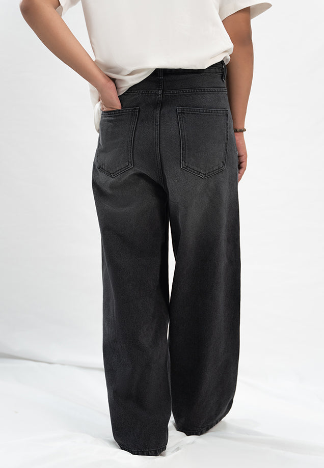 Super Wide Leg  Jeans With Cord - Black Stone Wash