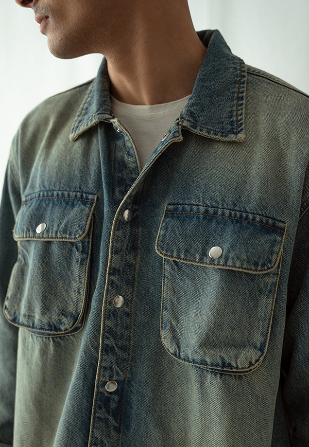 Denim Over Shirt With Flap Pockets Overdyed