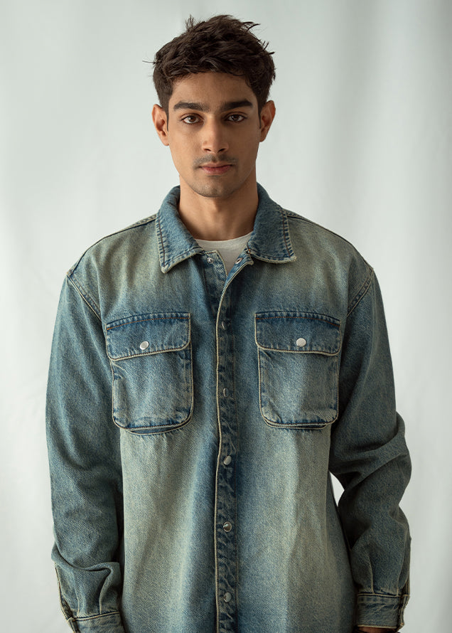 Denim Over Shirt With Flap Pockets Overdyed