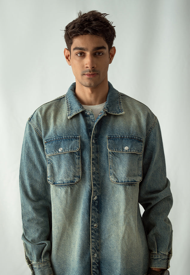 Denim Over Shirt With Flap Pockets Overdyed