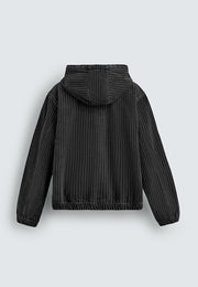 Stripe Textured Denim Hoodie Jacket - Black