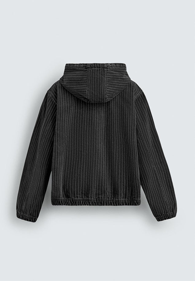 Stripe Textured Denim Hoodie Jacket - Black