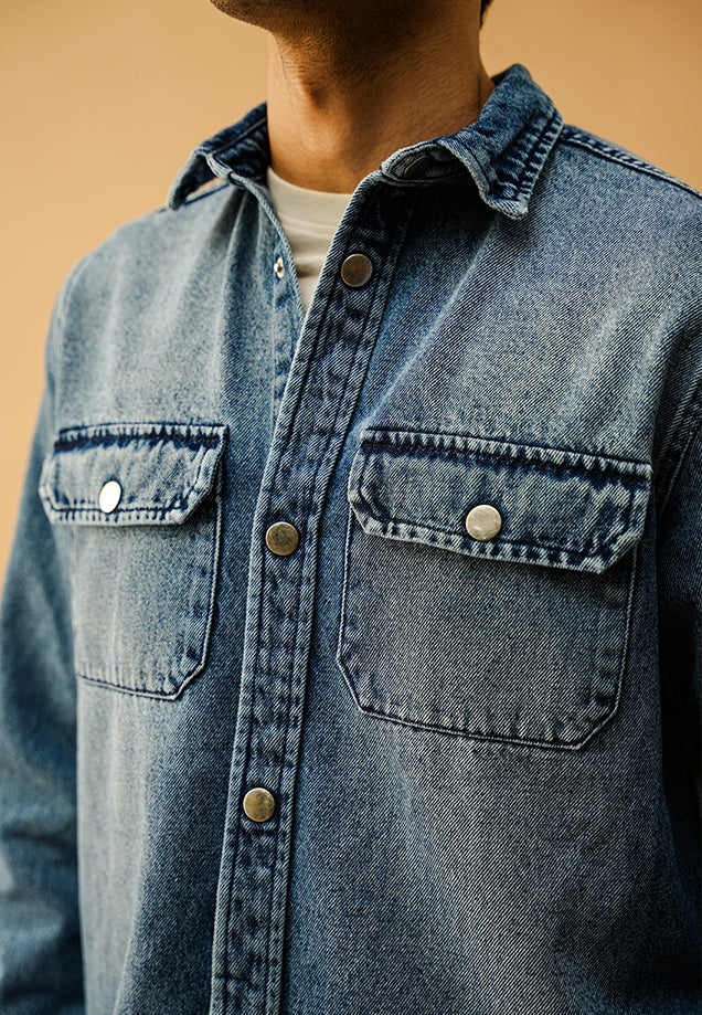 Button Down Over Shirt  - Mid Blue