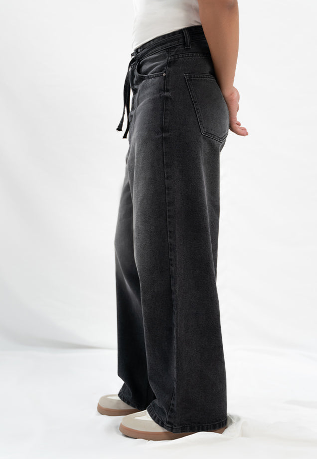 Super Wide Leg  Jeans With Cord - Black Stone Wash