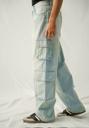 High Rise Straight Fit Cargo - Light Blue Tint Wash