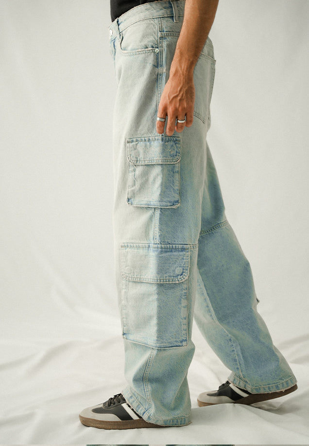 High Rise Straight Fit Cargo - Light Blue Tint Wash