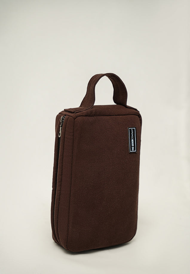 Denim Travel Accessory Pouch - Brown