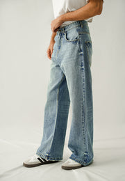 Straight Fit Wide Leg Jeans - Mid Blue Wash