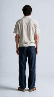 Relaxed Fit Herringbone Linen Trousers - Dark Blue