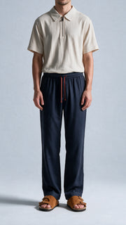 Relaxed Fit Herringbone Linen Trousers - Dark Blue