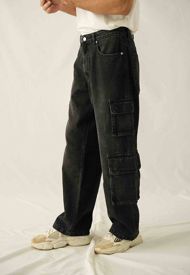 High Rise Straight Fit Cargo - Black stone wash