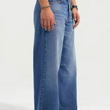 Wide Leg Pleated Jeans - Mid Blue