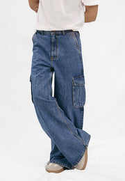 Flare Fit Cargo Pockets Jeans - Denim Blue