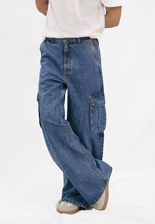 Flare Fit Cargo Pockets Jeans - Denim Blue