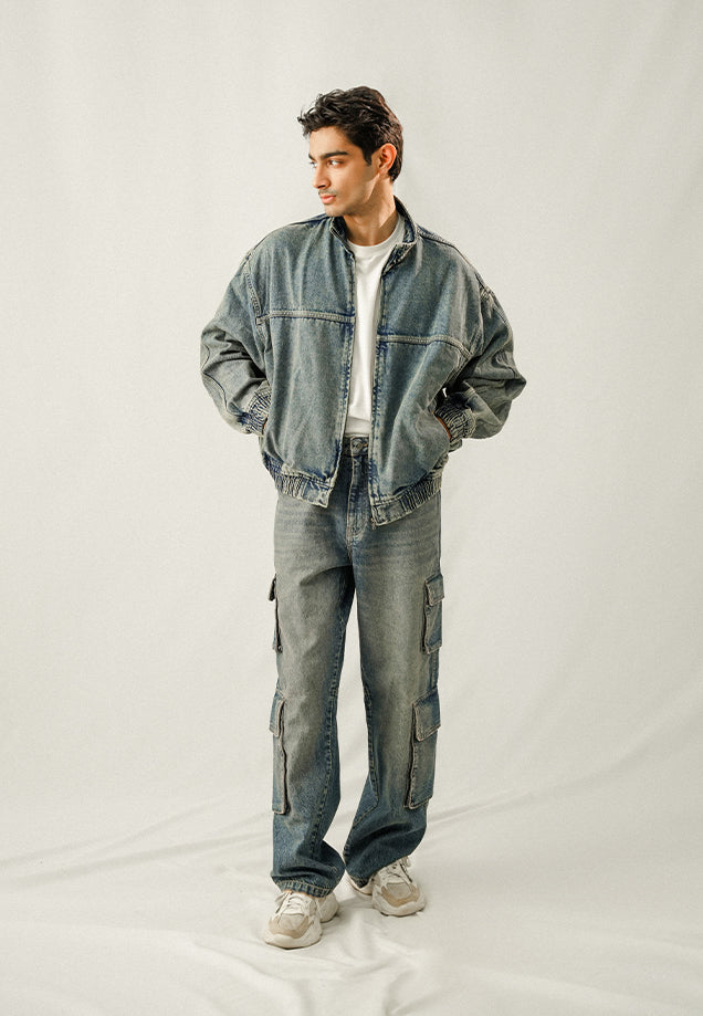 Denim Bomber Jacket - Faded Blue Tint