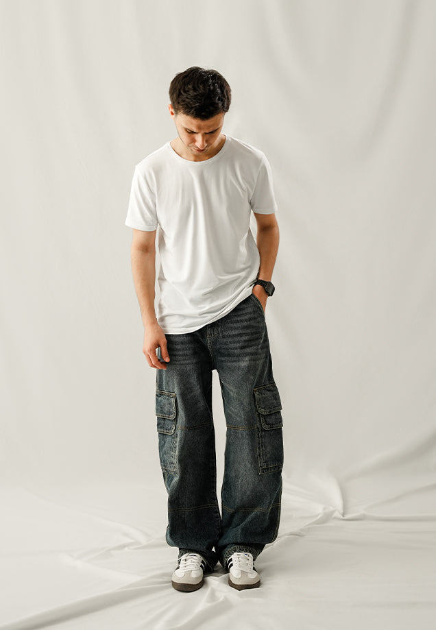 Baggy Cargo Mid Seam Jeans - Dark Blue Tint
