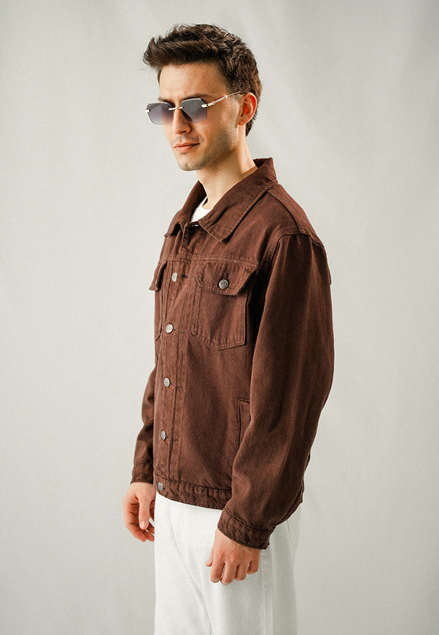 100% Cotton Denim Jacket - Brown Over Dyed