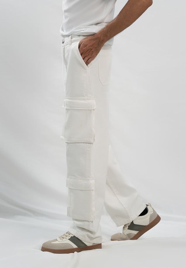 High Rise Straight Fit Cargo Jeans - White