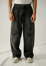 Loose Fit Baggy Denim Trousers - Black Stone Wash