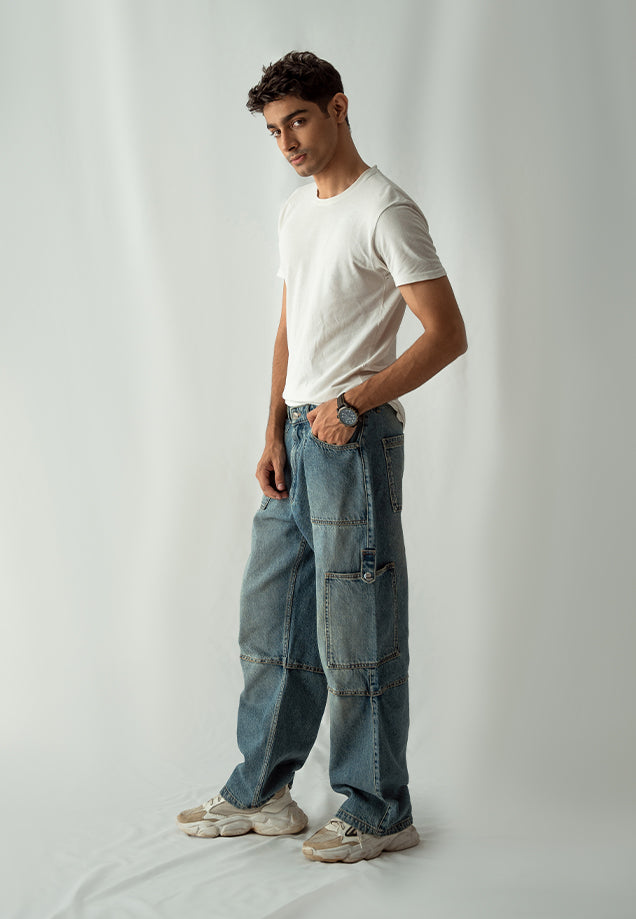 Straight Fit Cargo Pocket Jeans Tint Over Dyed