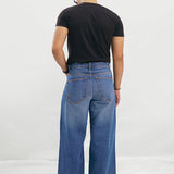 Wide Leg Pleated Jeans - Mid Blue