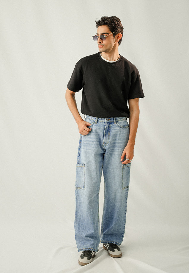 Box Cargo Pocket Baggy Fit - Mid Blue Wash