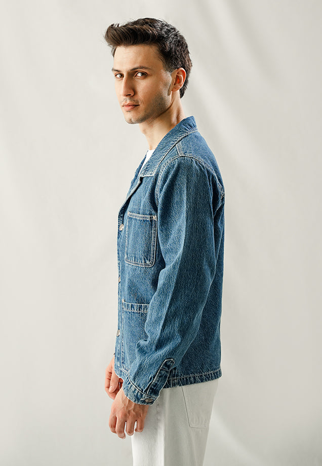 Denim Jacket With Contrast Thread - Wrinkle Wash