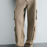 Hi-Rise Straight Fit Cargo Jeans - Sand Wash