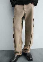 Hi-Rise Straight Fit Cargo Jeans - Sand Wash