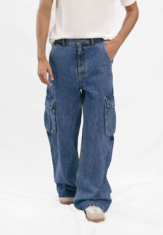 Flare Fit Cargo Pockets Jeans - Denim Blue