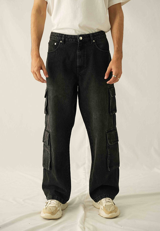 High Rise Straight Fit Cargo - Black stone wash