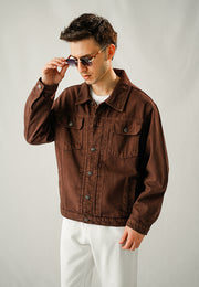 100% Cotton Denim Jacket - Brown Over Dyed