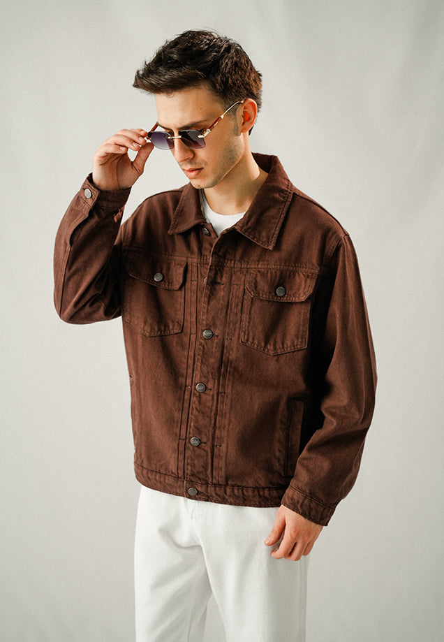 100% Cotton Denim Jacket - Brown Over Dyed