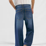 Wide Leg Pleated Jeans - Dark Blue