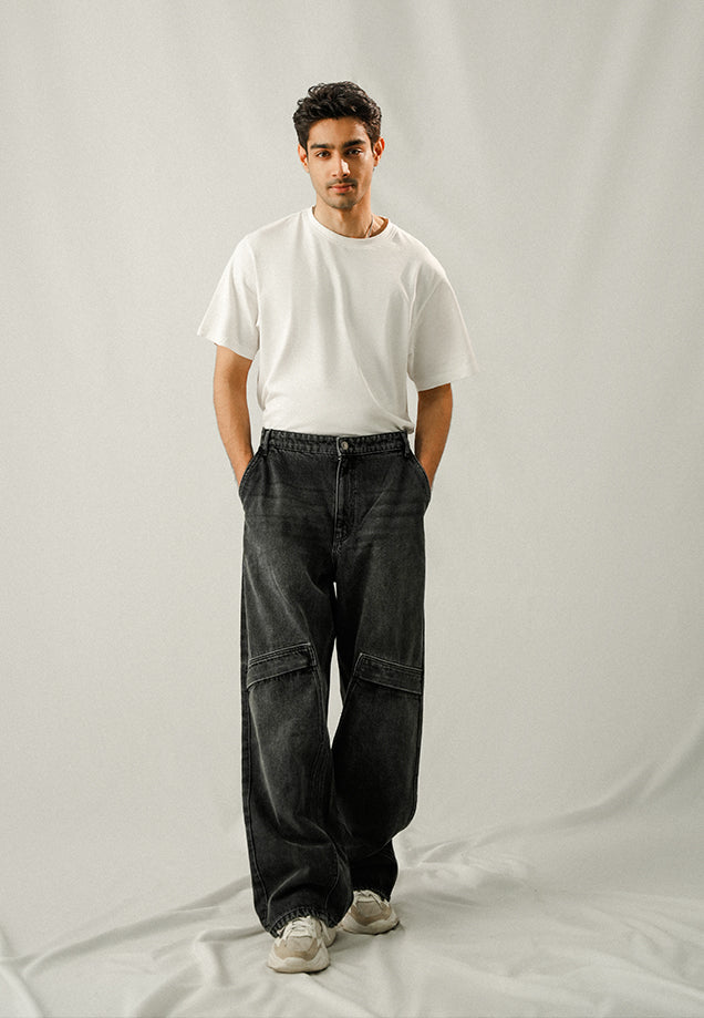 Loose Fit Baggy Denim Trousers - Black Stone Wash