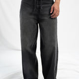 Super Wide Leg  Jeans With Cord - Black Stone Wash
