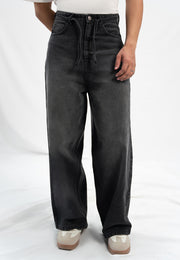 Super Wide Leg  Jeans With Cord - Black Stone Wash