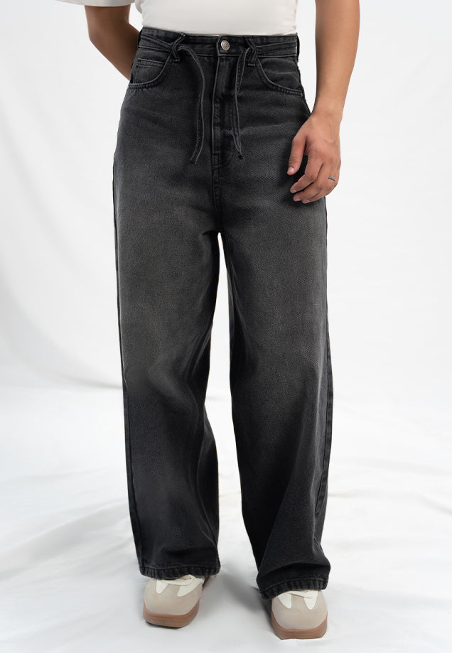 Super Wide Leg  Jeans With Cord - Black Stone Wash