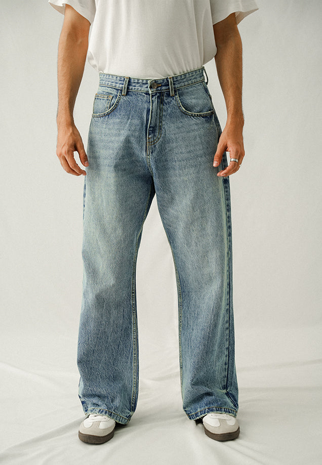 Straight Fit Wide Leg Jeans - Mid Blue Wash