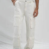 High Rise Straight Fit Cargo Jeans - White