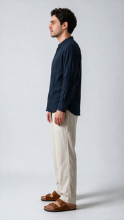 Relaxed Fit Herringbone Linen Trousers - Beige