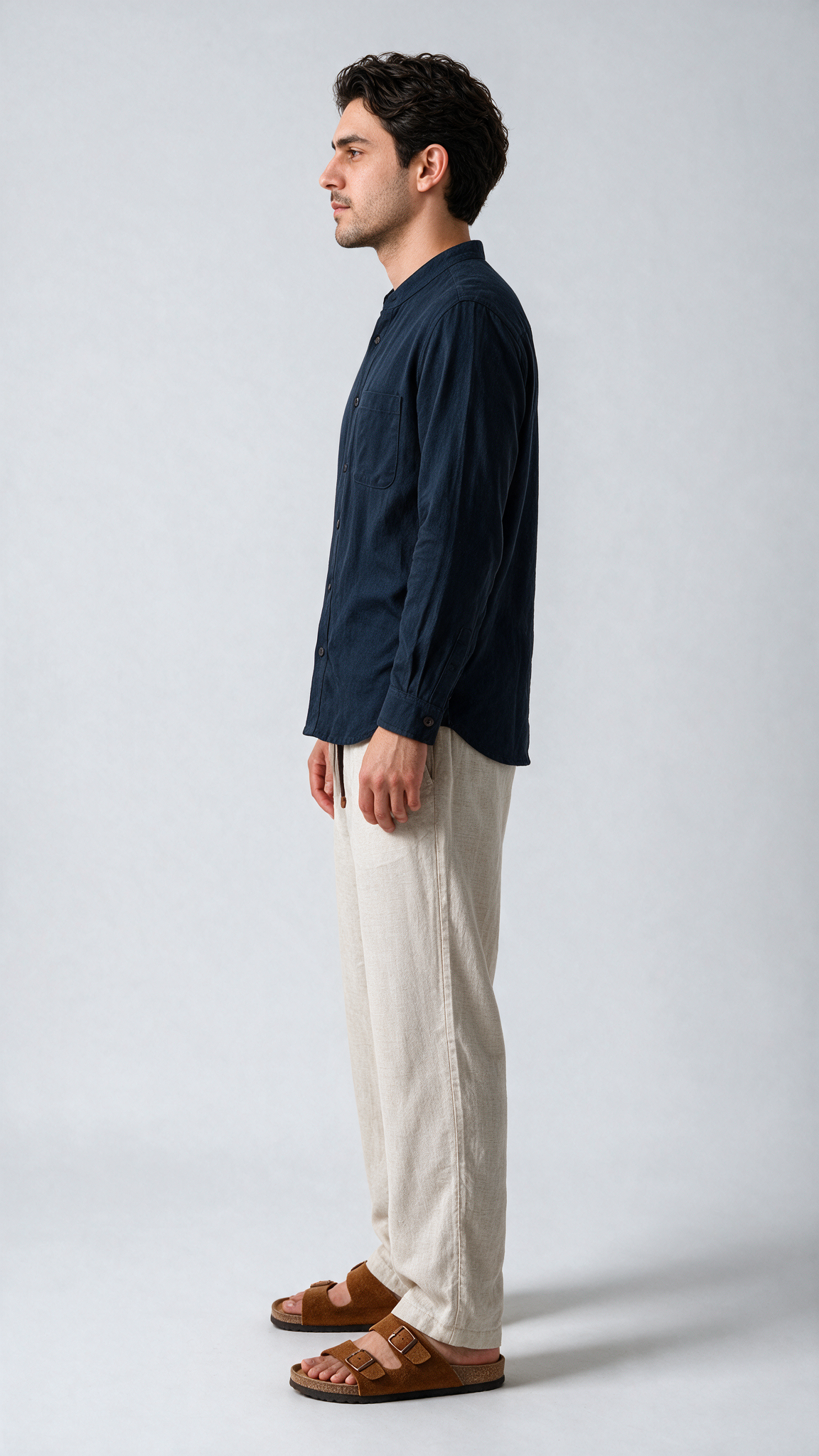 Relaxed Fit Herringbone Linen Trousers - Beige