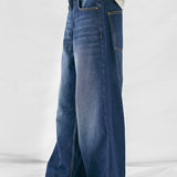 Wide Leg Pleated Jeans - Dark Blue